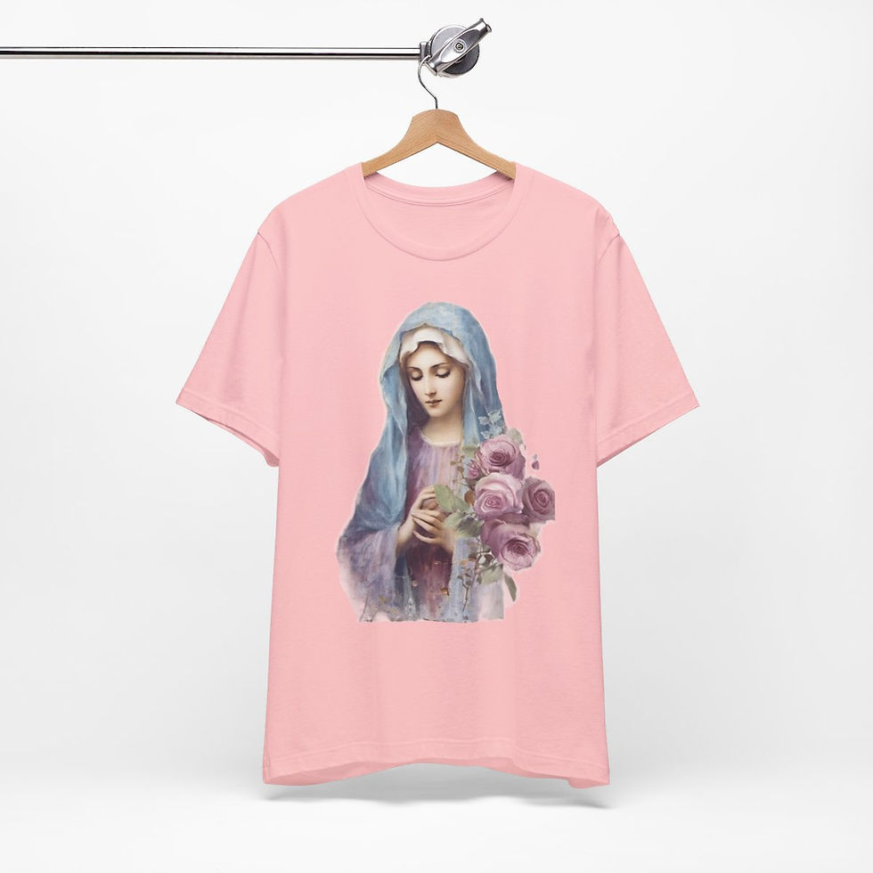 Thumbnail: Virgin Mary T-Shirt Shabby Pink Roses Ave Maria Art Tee Catholic Faith Gift