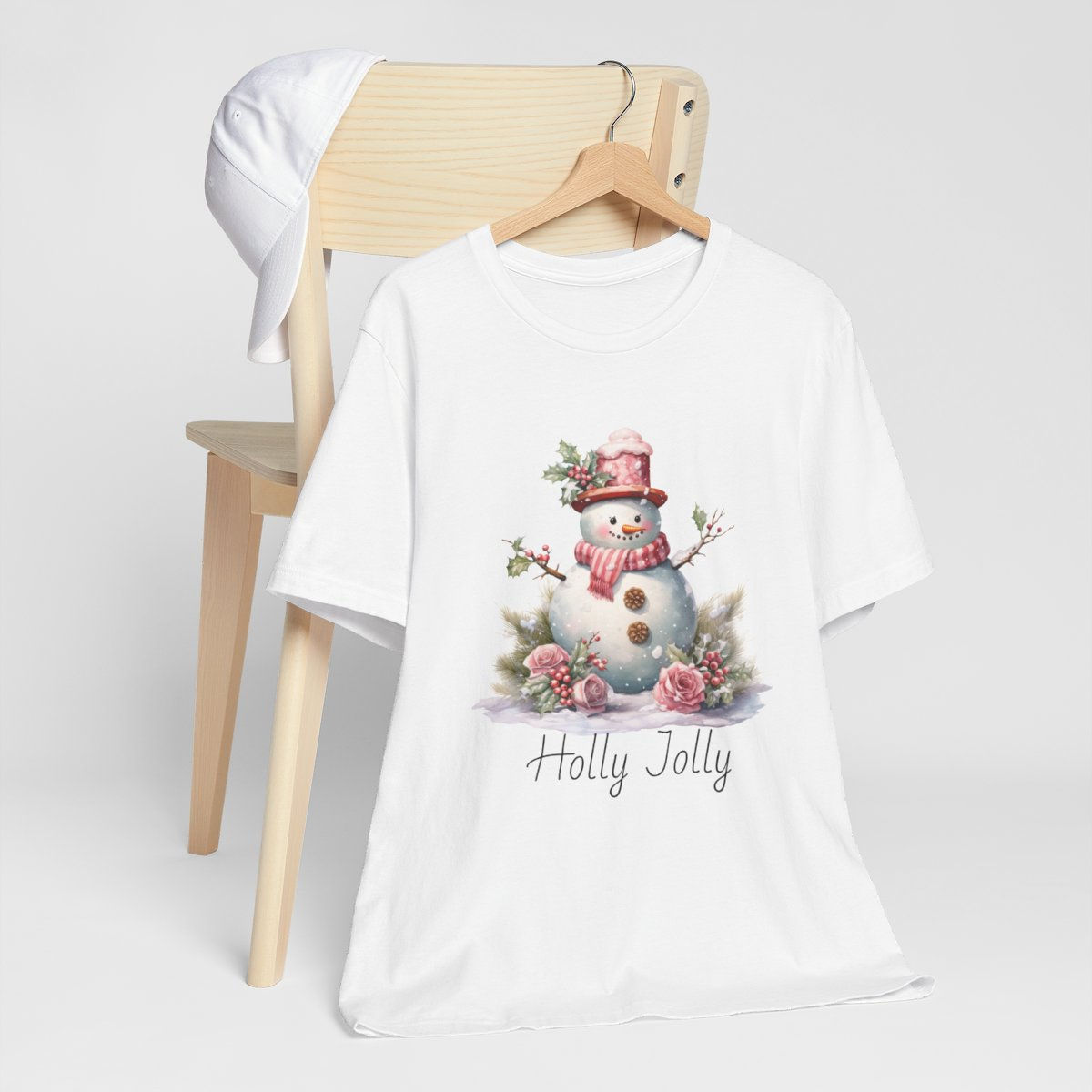 Artistic Shabby Snowman T-Shirt Vintage Christmas Tee Pink Roses Holly Jolly