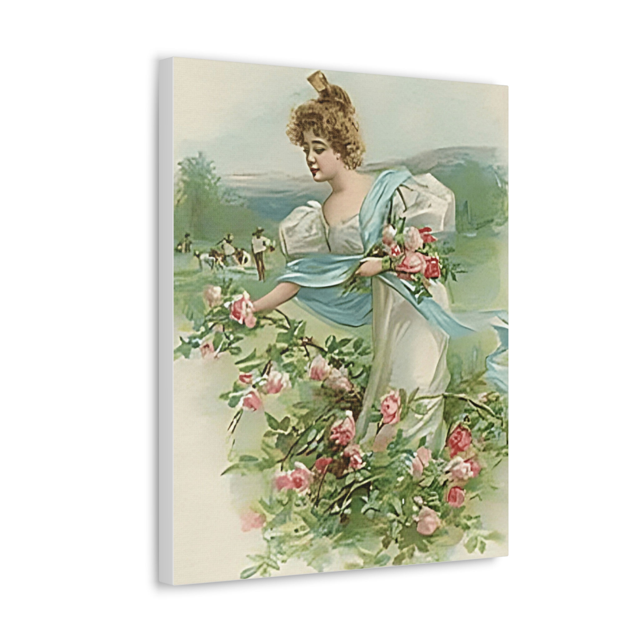 Shabby Chic Art Canvas Vintage Edwardian Woman with Pink Roses Wall Decor 