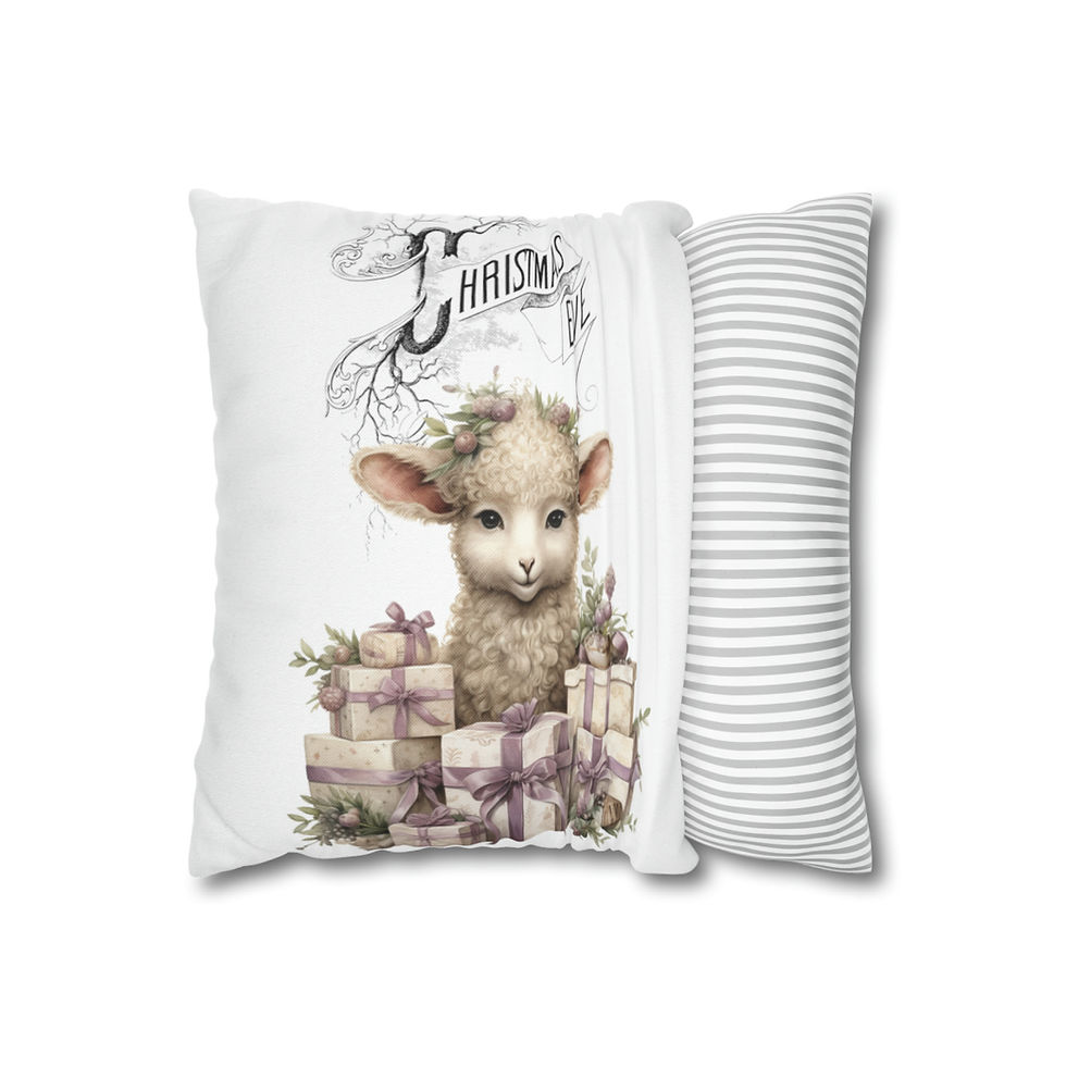 Thumbnail: Shabby Farmhouse Lamb Christmas Eve Throw Pillow cover Purple Holiday Decor