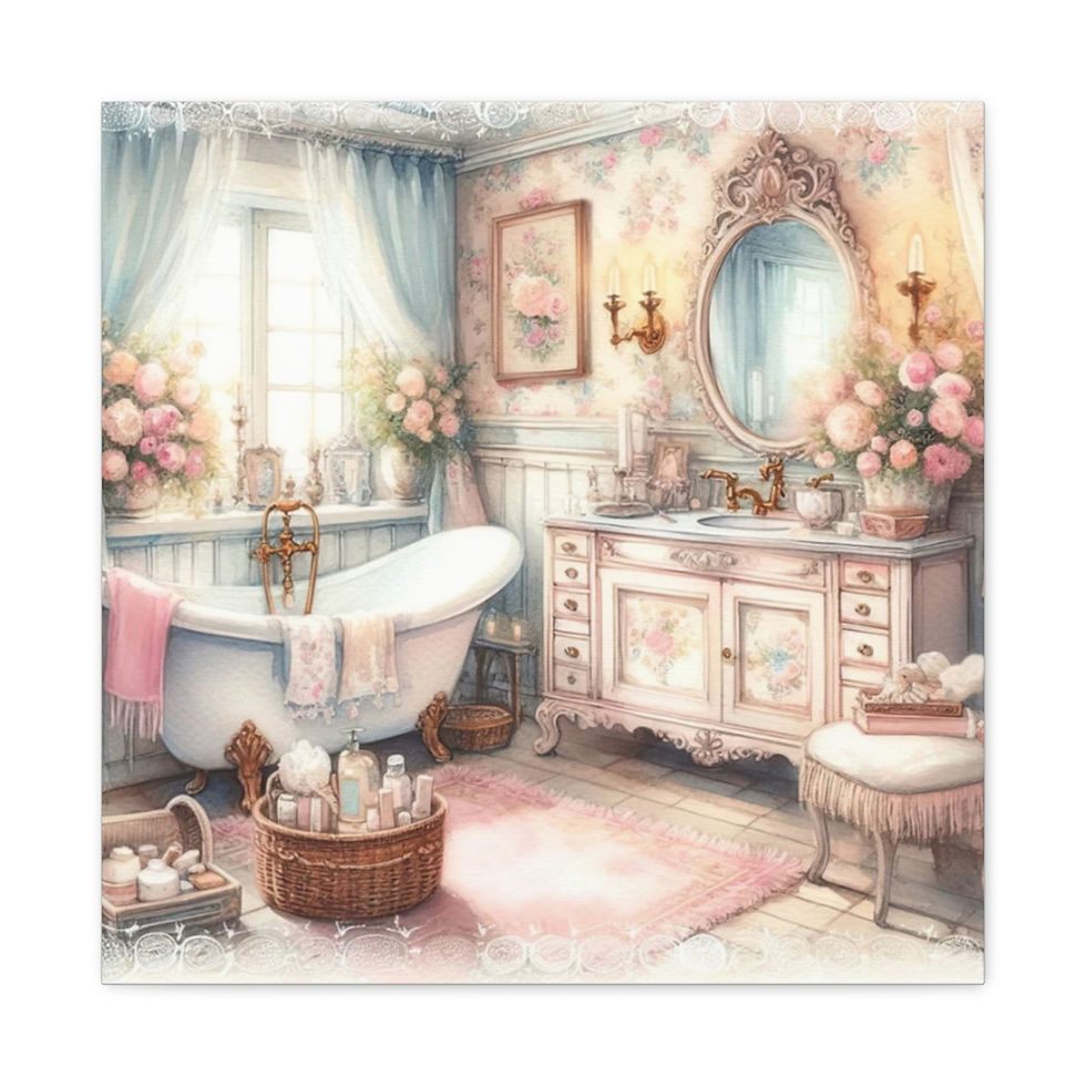 Thumbnail: Shabby French Bathroom Canvas Art Clawfoot Tub Pastel Watercolor Print