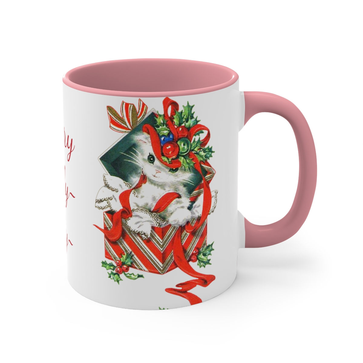 Retro Kitten Christmas Coffee Mug 1950s Merry Holly Jolly Cat Lover Holiday gift