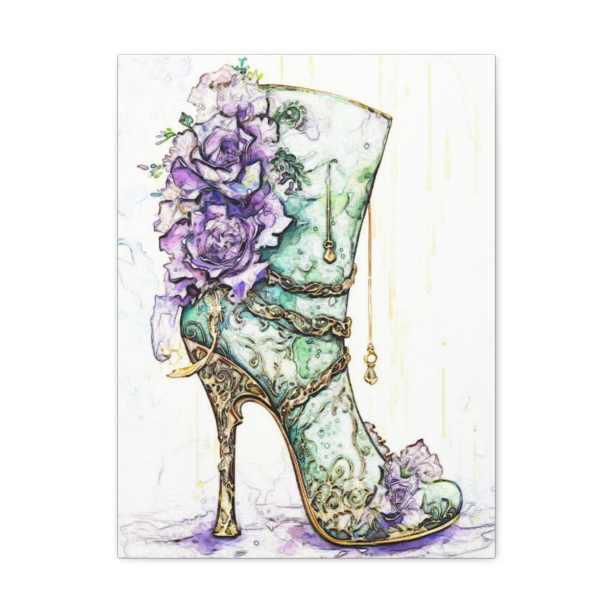 Shabby Canvas Art Purple Roses Shoes Fashion Print Distressed Artistic Decor 