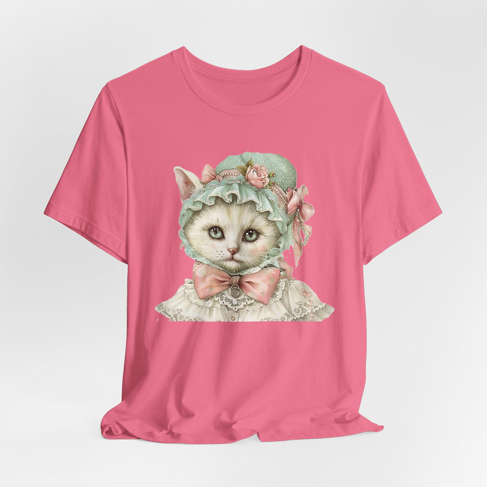 Thumbnail: Victorian Cat Art T-Shirt Shabby Mint & Pink Hat Roses Artistic Cat Lover Gift