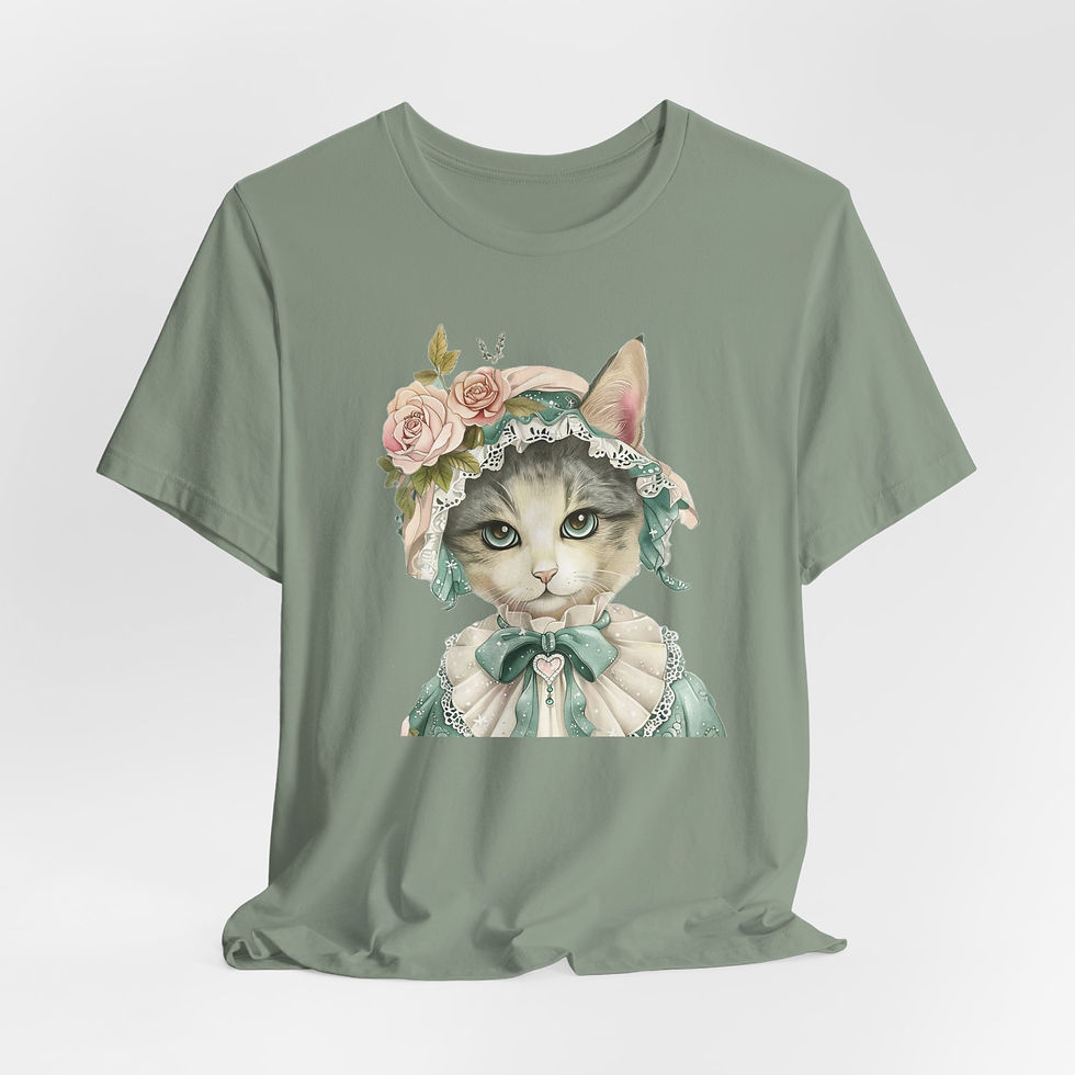 Thumbnail: Victorian Cat Art T-Shirt Shabby Mint & Pink Hat Roses Artistic Cat Lover Gift
