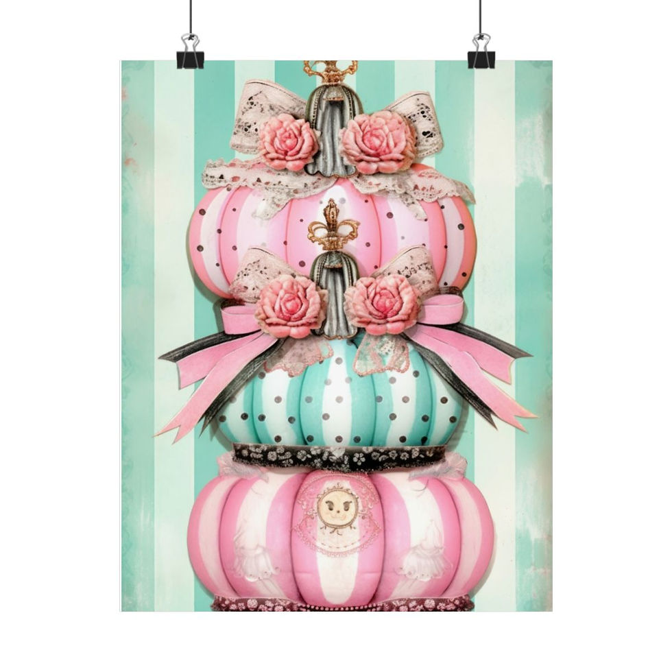 Thumbnail: Shabby Halloween art Print Pastel Pumpkins Pink Roses Giclee Wall Art Vintage