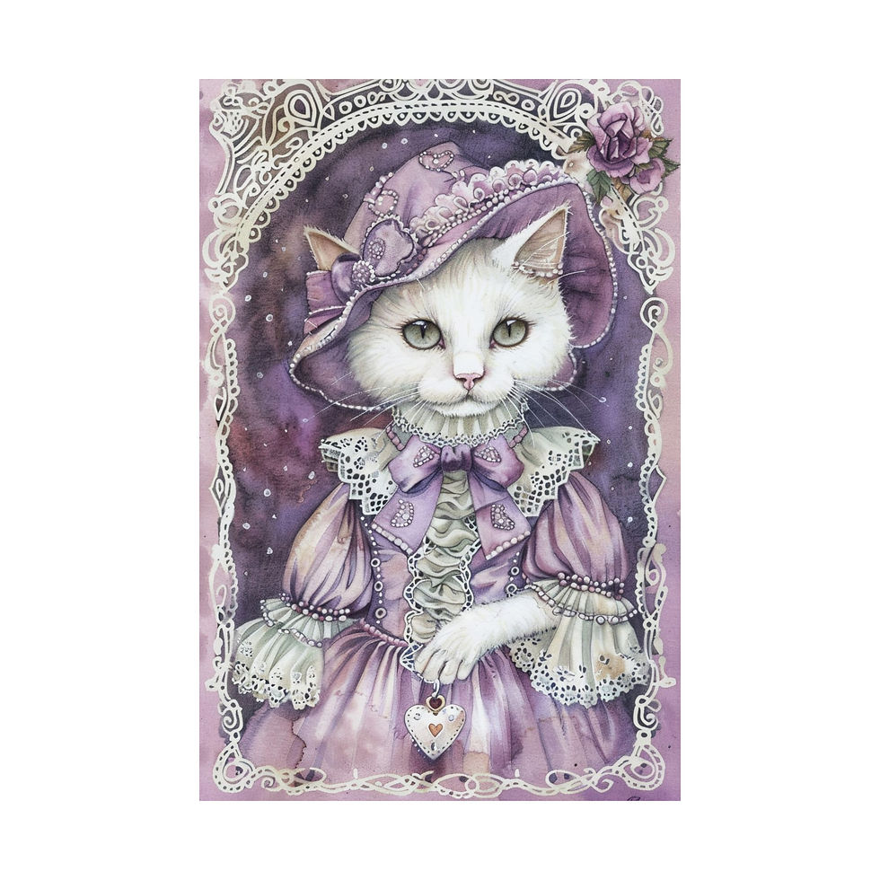 Cat Art Print - Cat in Bonnet Shabby Victorian Cat Lover Gift Purple Wall Decor