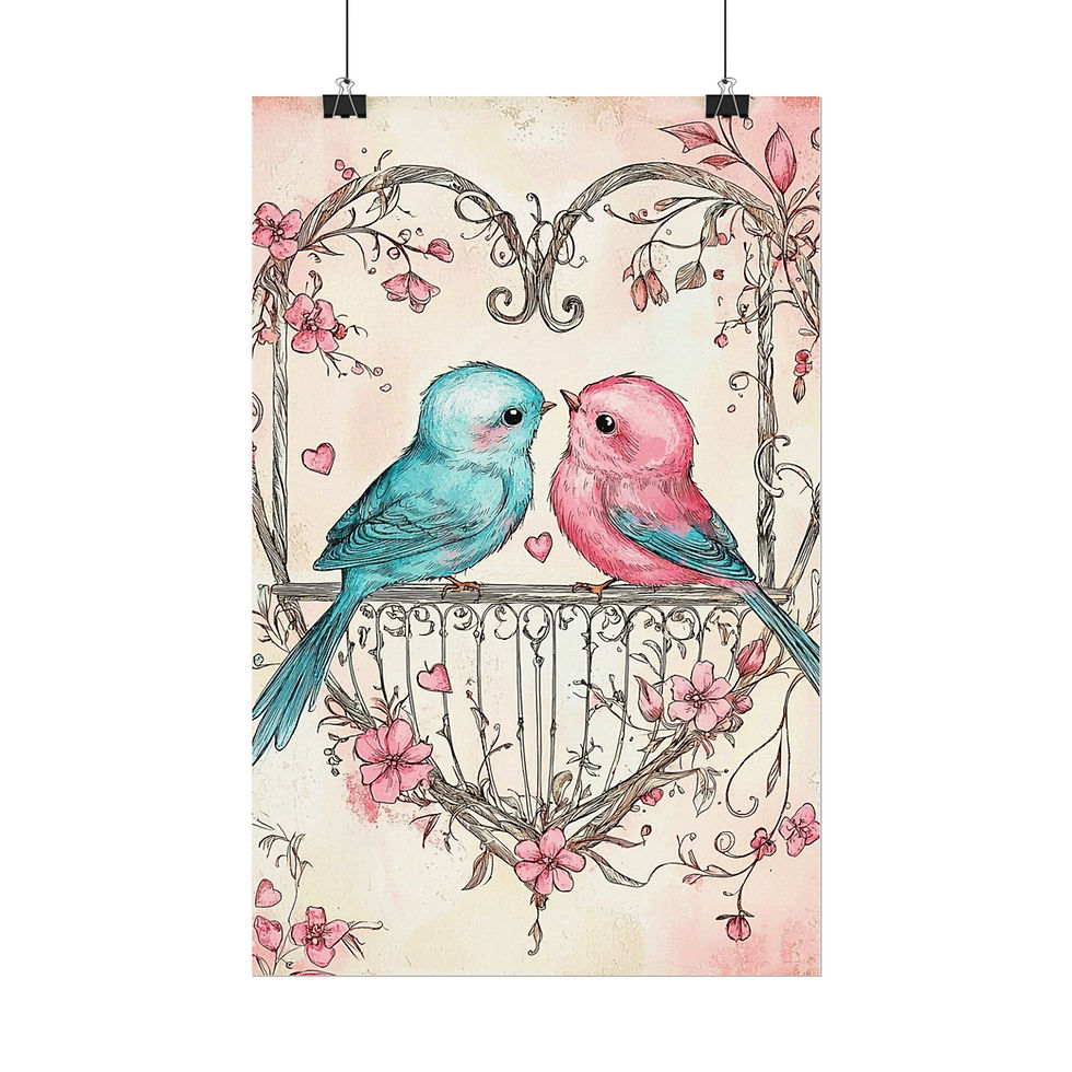 Thumbnail: Love Birds Watercolor Art Print Shabby French Country Decor Pastel Pink & Blue