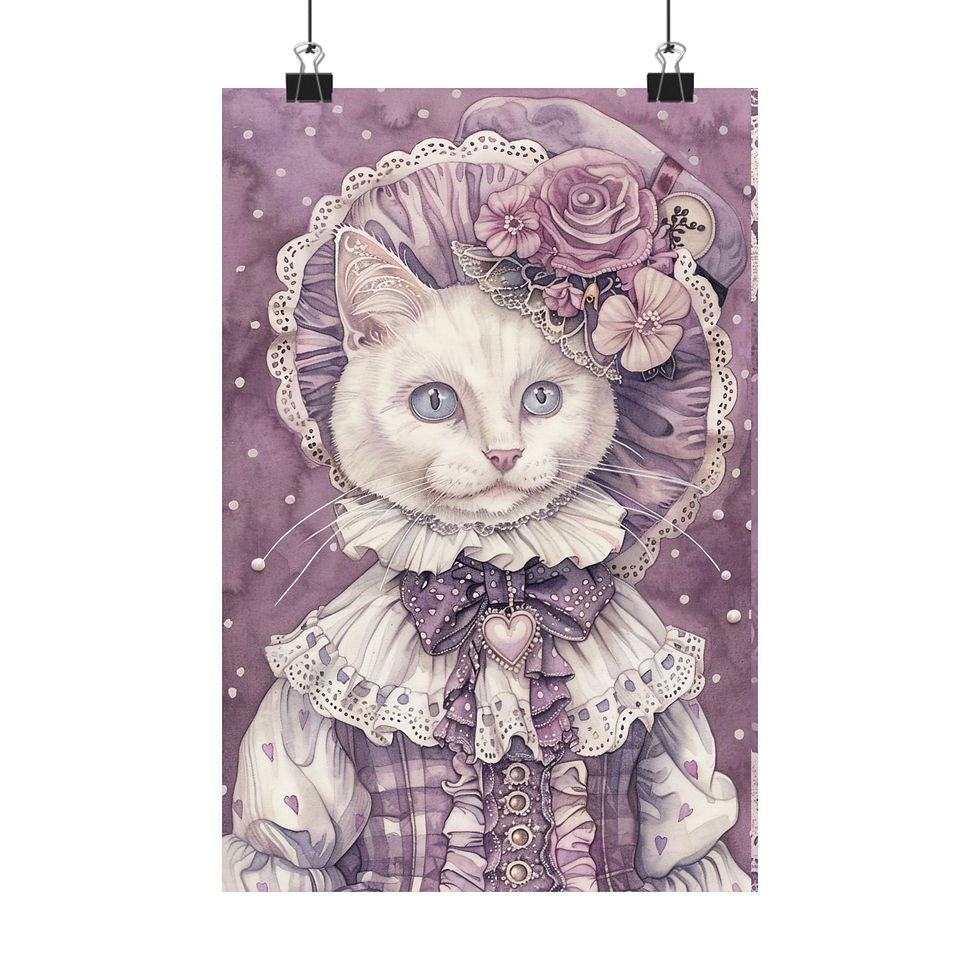 Thumbnail: Vintage Cat Art Print Shabby Victorian Cat Lover Gift Purple Expressive Decor 