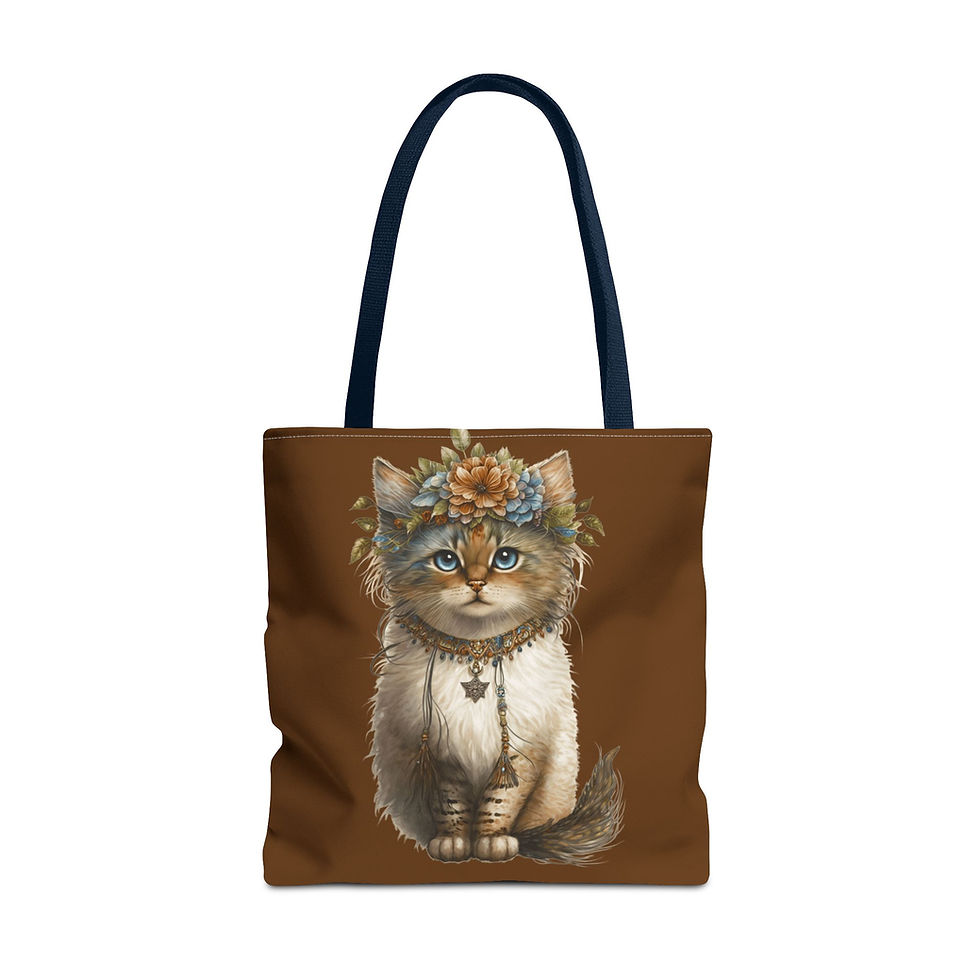 Thumbnail: Boho Cat Tote Bag Shabby Kitten Adorned in Flowers Cat Lover Expressive Gift
