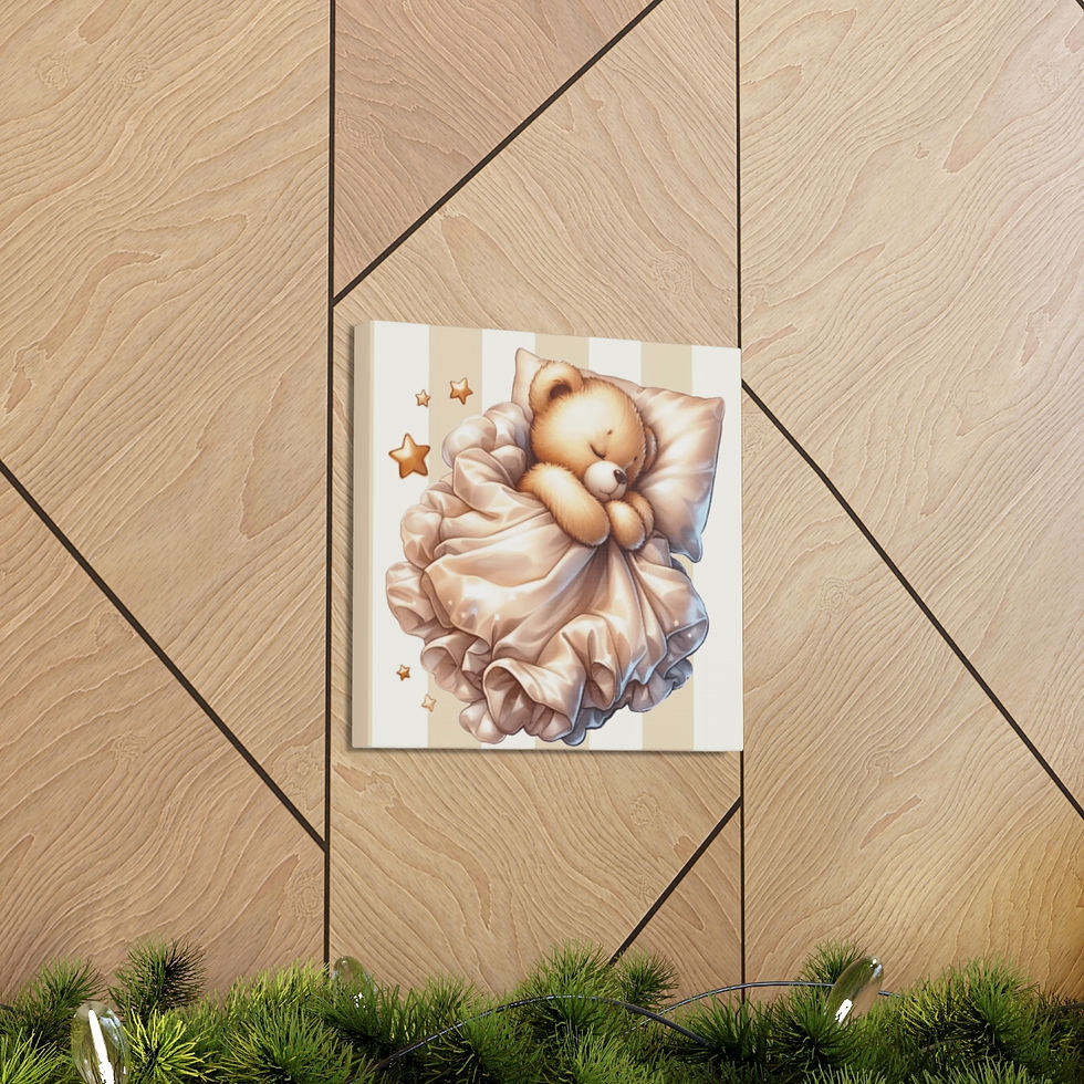 Thumbnail: Artistic Nursery Decor Canvas Art Sleepy Bear Stars Neutral Stripe Print 