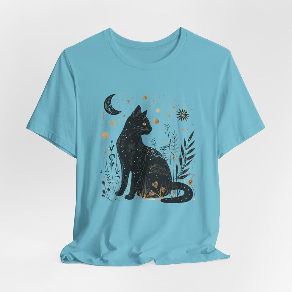 Thumbnail: Witchy T-Shirt Black Cat Starry Sky Crescent Moon Art Tee Expressive Gifts