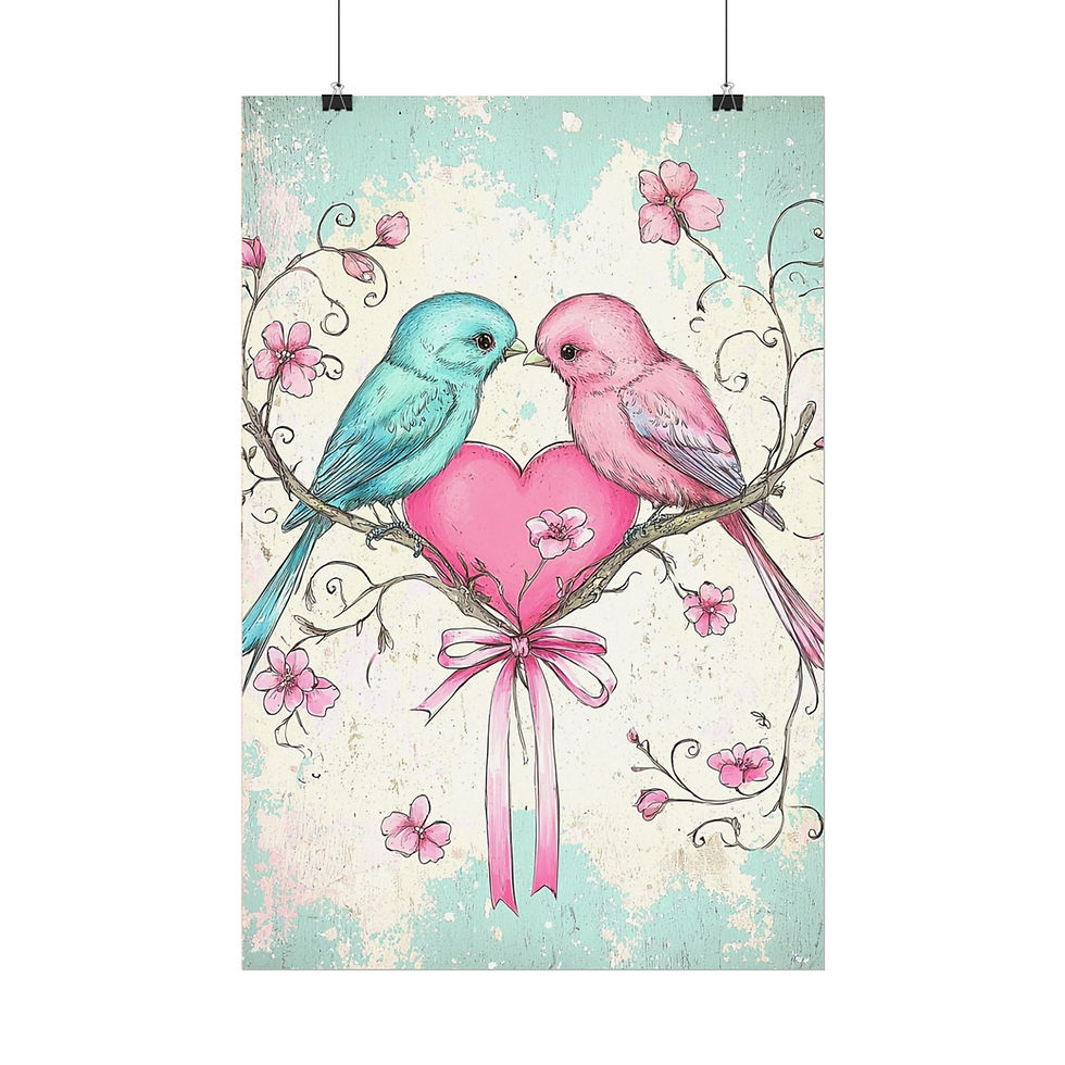 Thumbnail: Love Birds Watercolor Art Print Shabby Heart Flowers French Country Pastel Decor