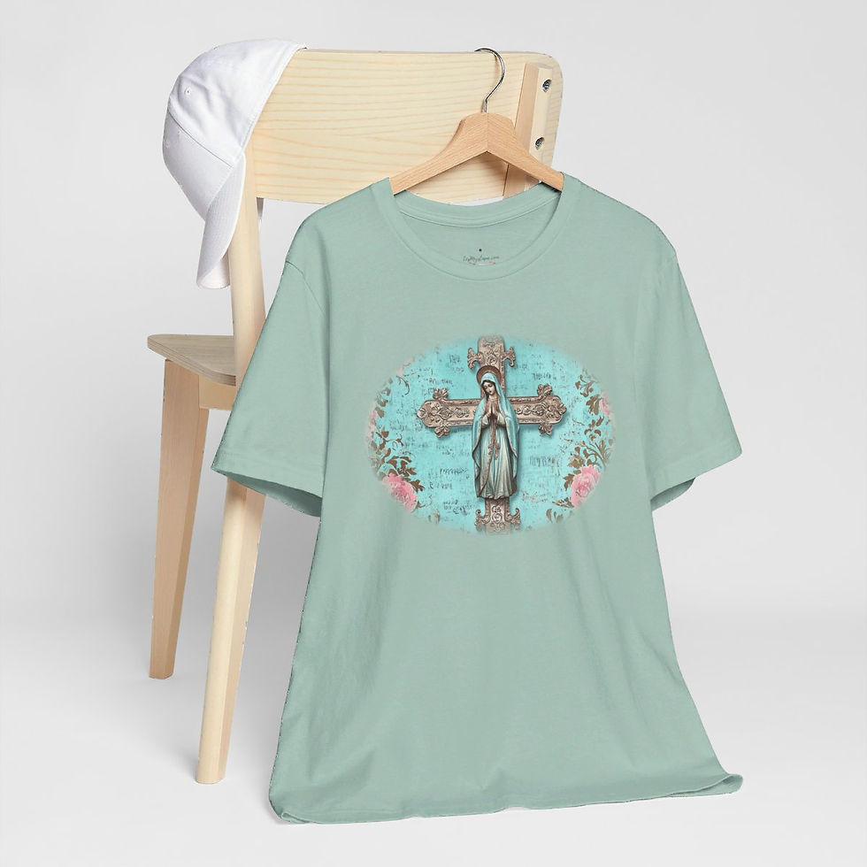 Thumbnail: Catholic T-Shirt Shabby Praying Mother Mary on Cross Pink Roses Art Tee