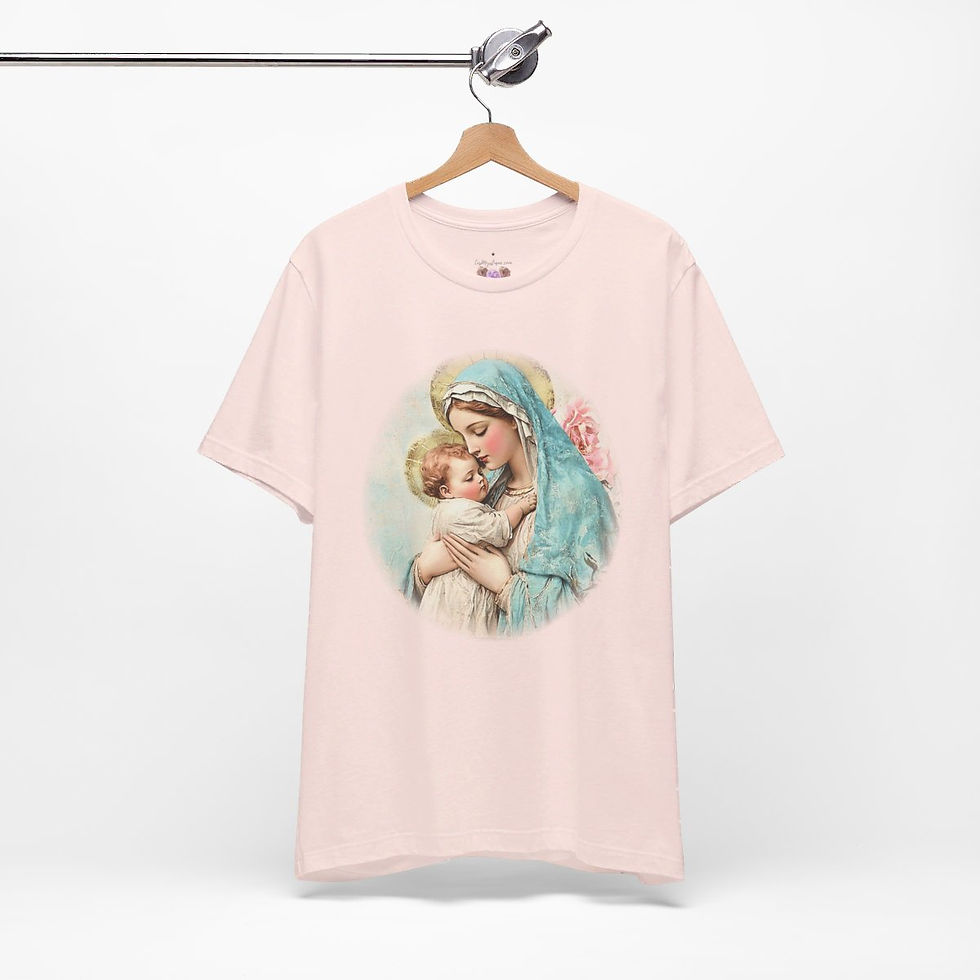 Thumbnail: Catholic T-Shirt Shabby Madonna and Child Jesus Pink Roses Mother Mary Art Tee