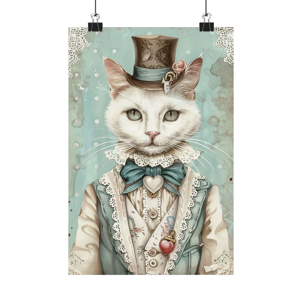 Thumbnail: Shabby Victorian Cat Art Print Male Cat Mint Pink Roses Top Hat Cat Lover Decor