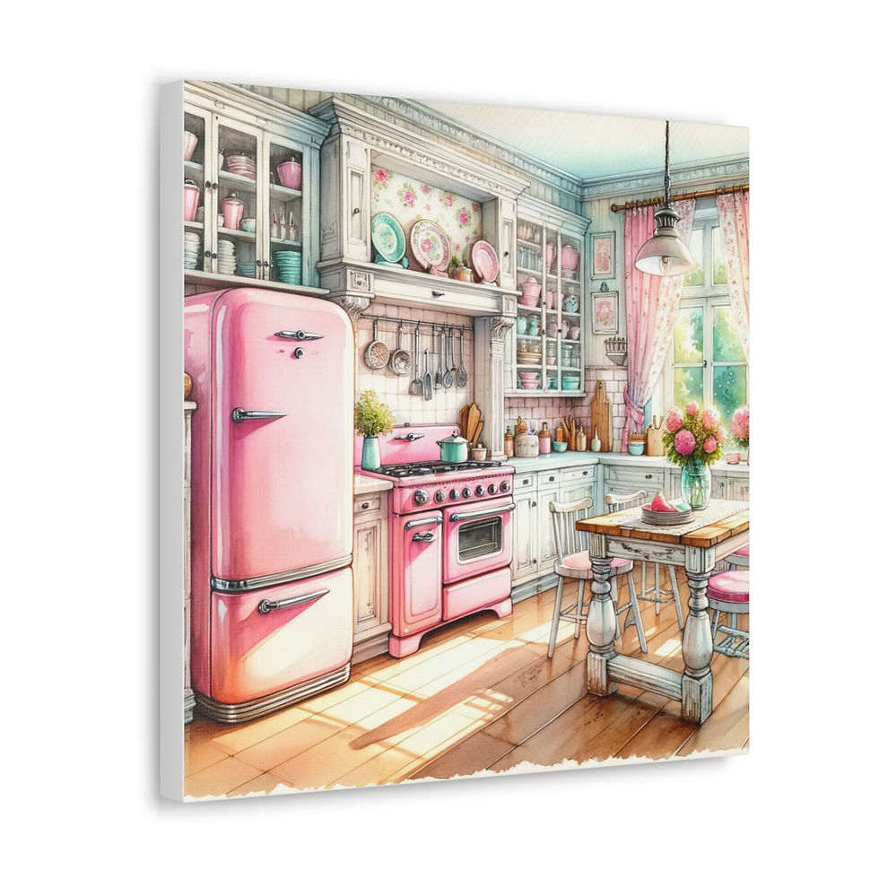 Thumbnail: Pink Retro Kitchen Art Shabby Cottage Farmhouse Kitchen Art Canvas Wall decor