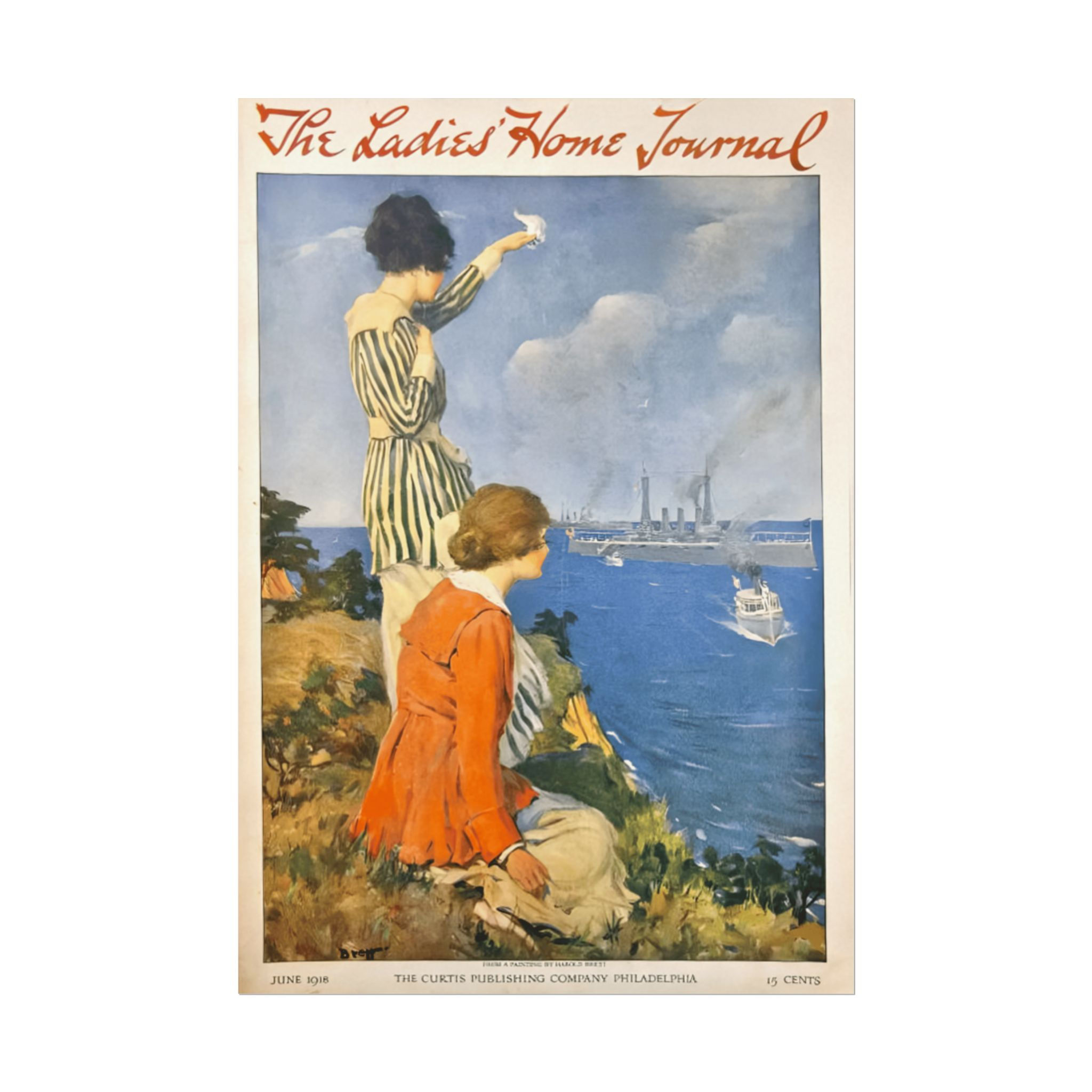Vintage Summer Magazine Cover Giclee Art Print WWI era Woman & Navy Ships