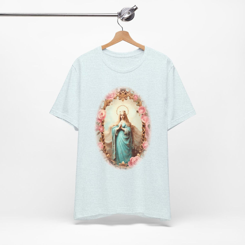 Thumbnail: Virgin Mary T-Shirt Shabby Pink Roses Ave Maria Art Tee Catholic Faith Gifts