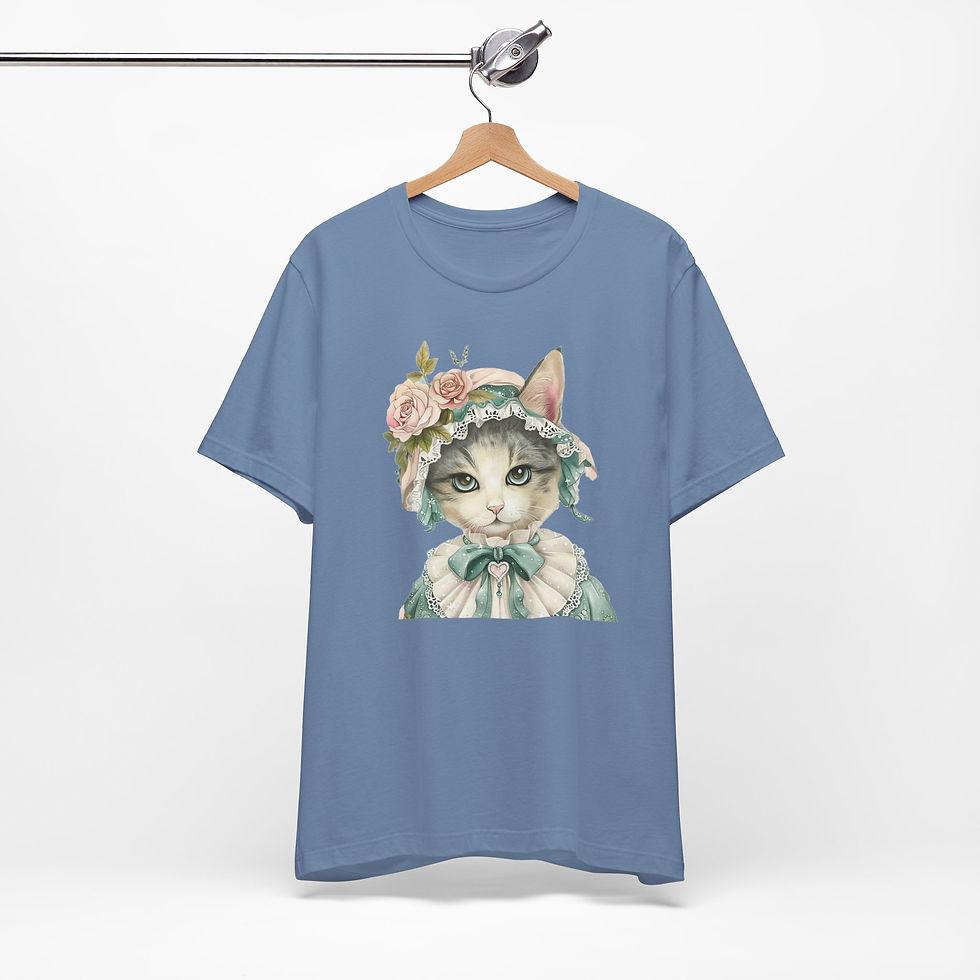 Thumbnail: Victorian Cat Art T-Shirt Shabby Mint & Pink Hat Roses Artistic Cat Lover Gift