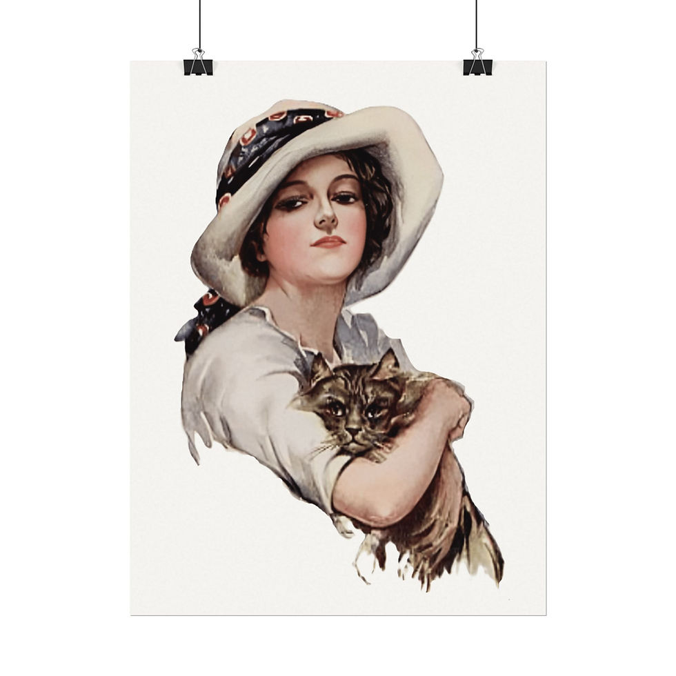 Thumbnail: Harrison Fisher Watercolor Art Print Woman w/ Cat Art Shabby Victorian Decor