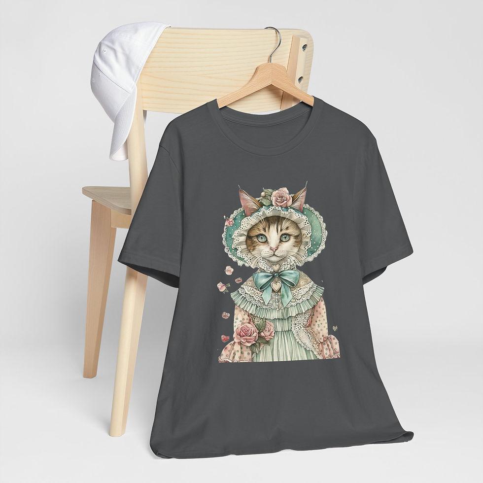 Thumbnail: Victorian Cat Art T-Shirt Shabby Mint & Pink Hat Roses Artistic Cat Lover Gift