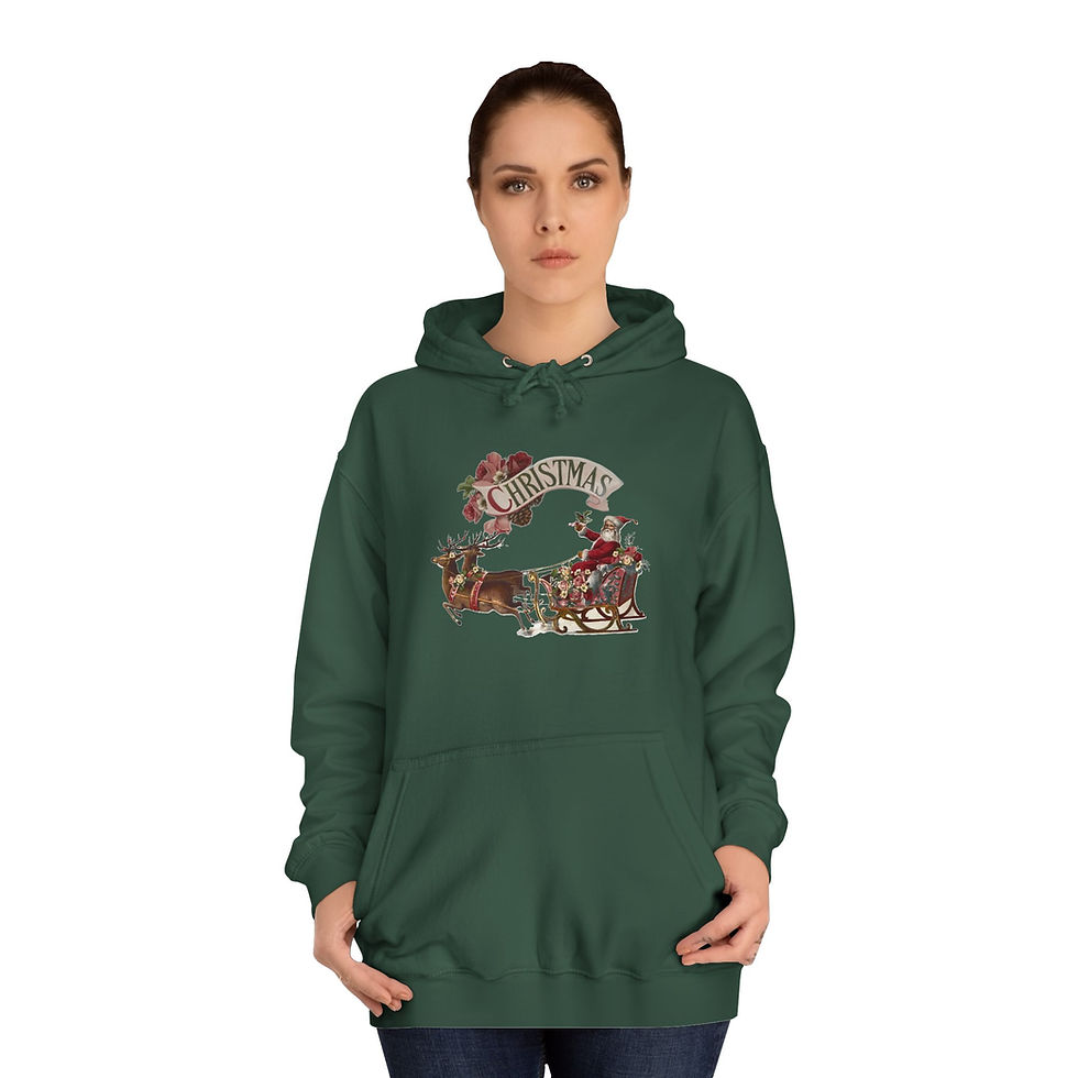Thumbnail: Shabby Retro Santa Hoodie Reindeer Sleigh Cozy Christmas Sweatshirt w/Pockets 