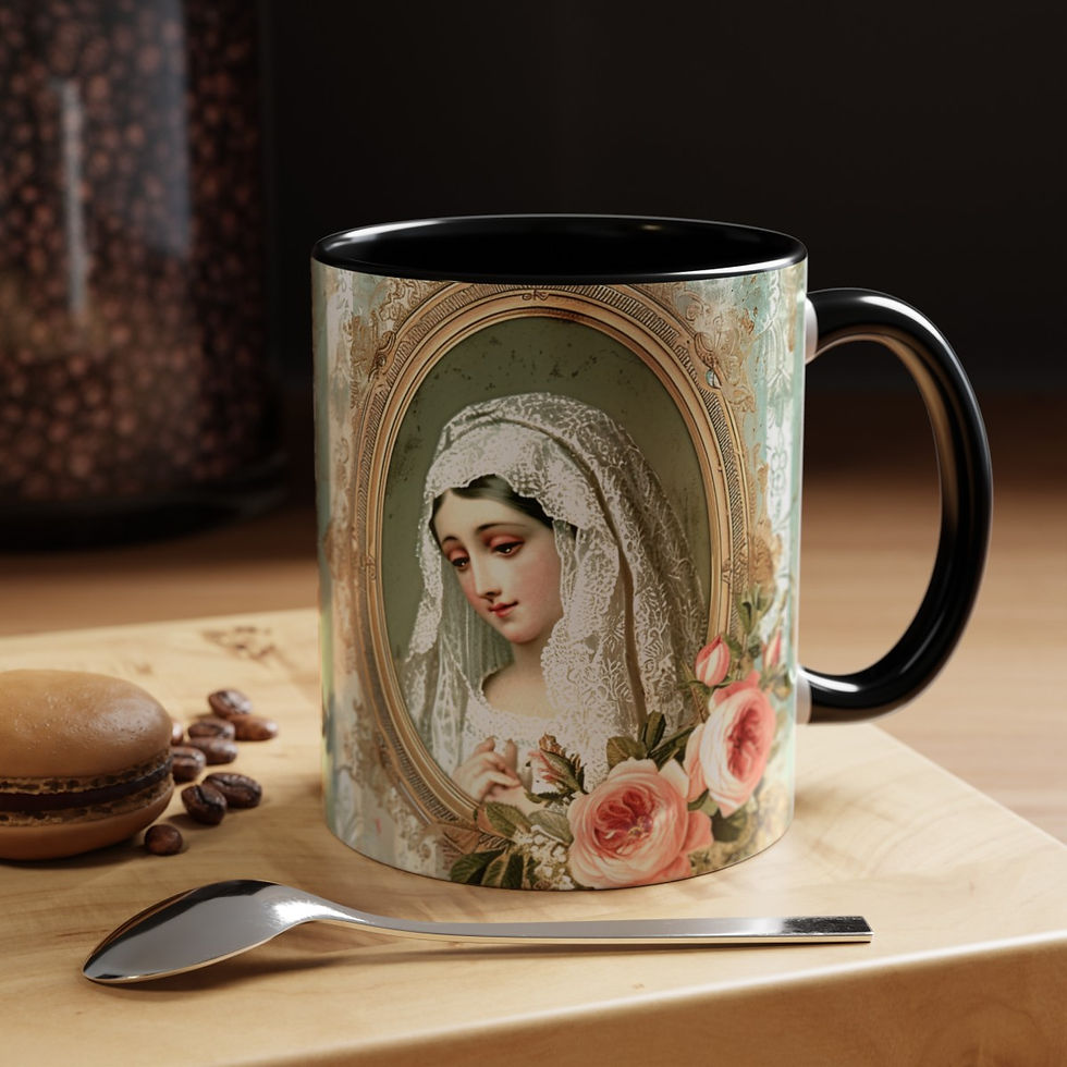 Thumbnail: Shabby Virgin Mary Coffee Mug Pink Roses Catholic Art Mug Religious Faith Gifts