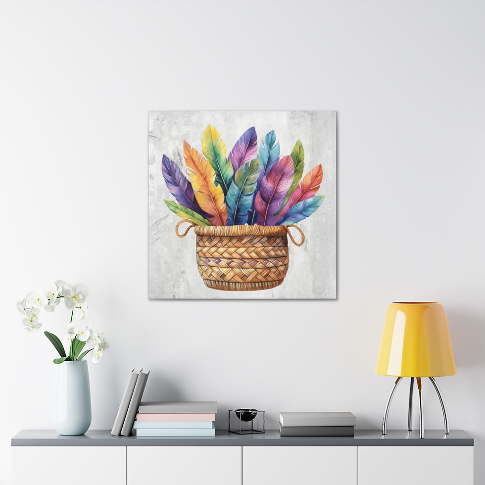 Thumbnail: Boho Feather Basket Canvas Art Print Tie Dye Statement Decor Wall Hanging