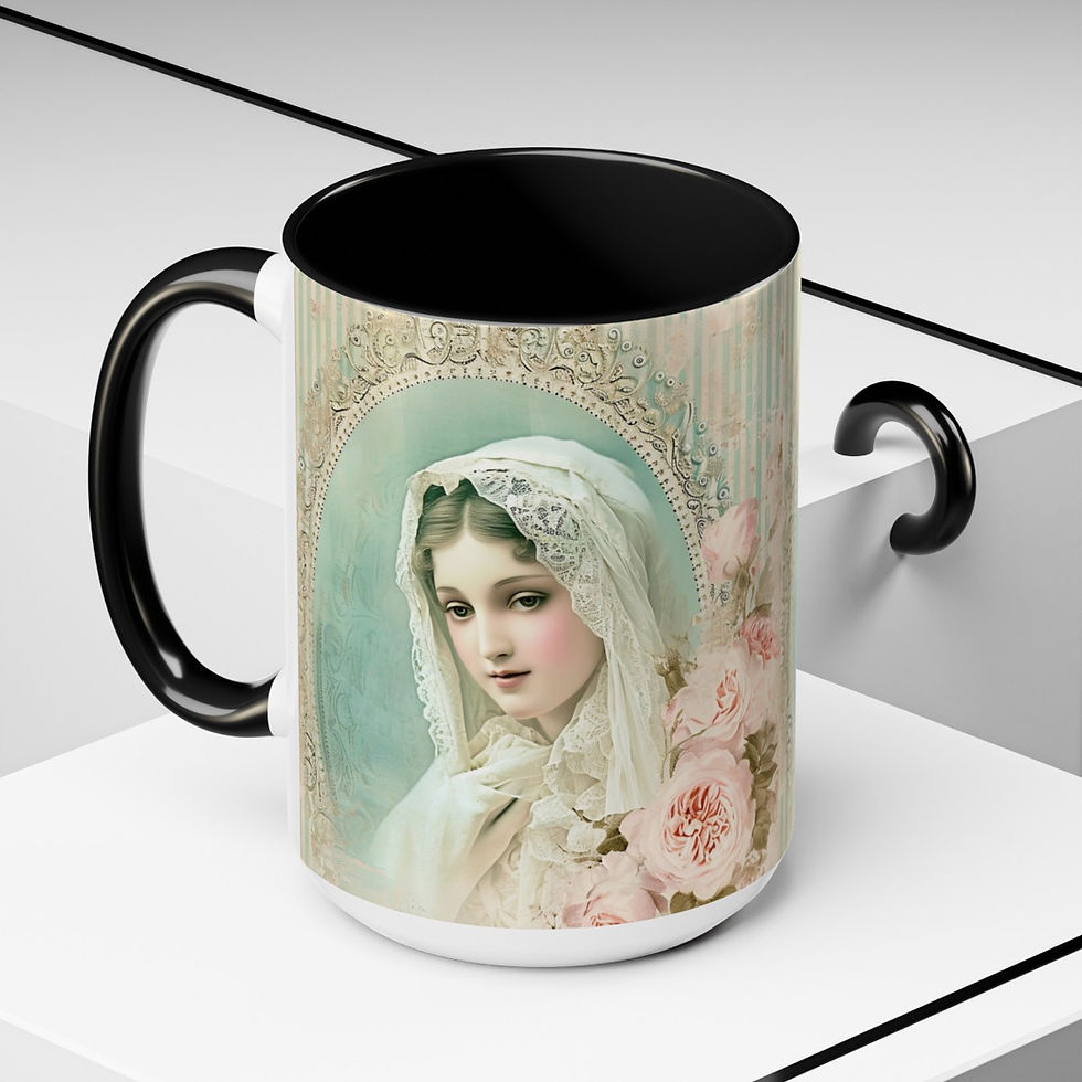 Thumbnail: Shabby Virgin Mary Coffee Mug Pink Roses Catholic Art Mug Religious Faith Gifts