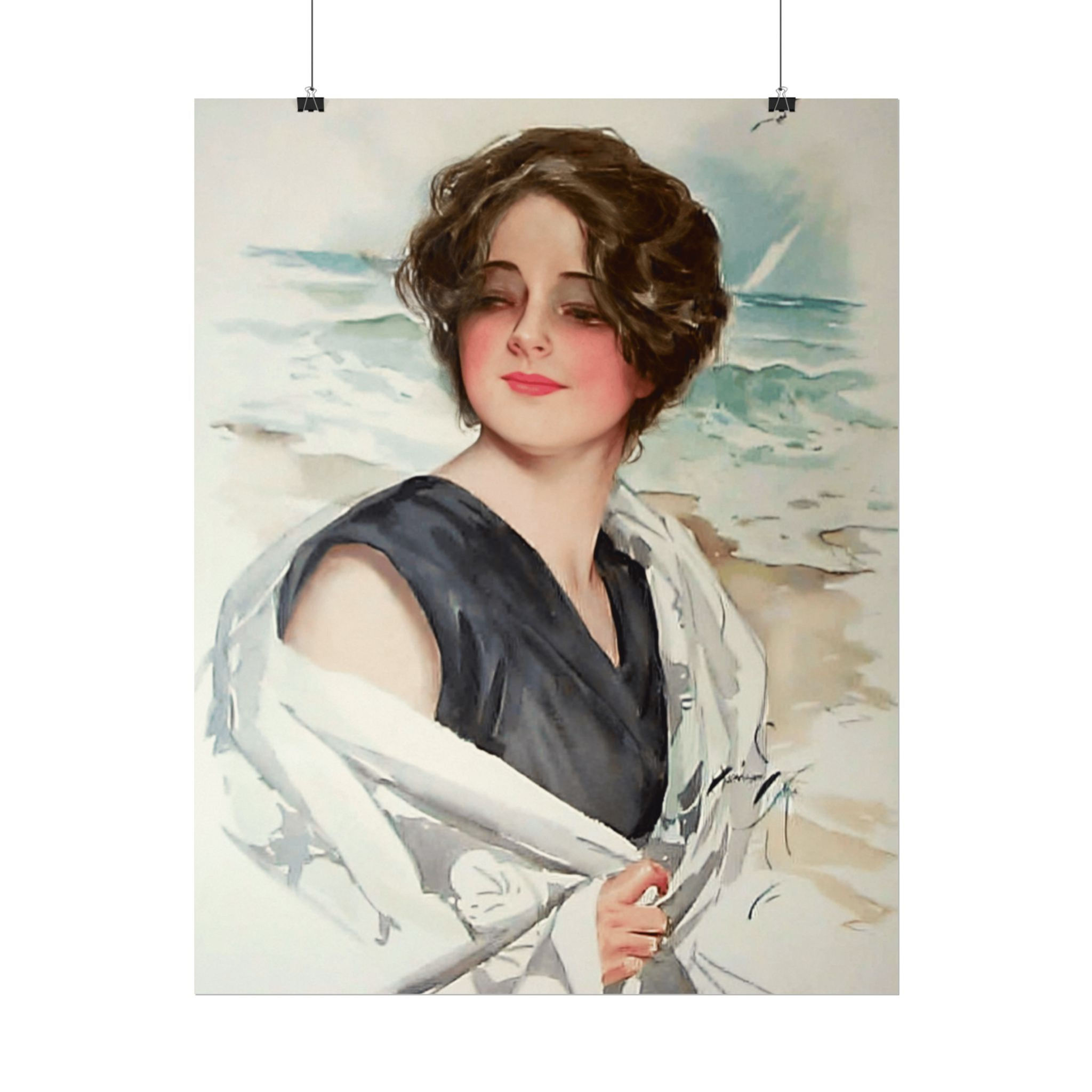 Vintage Harrison Fisher Watercolor Art Beach Print Woman at the Ocean