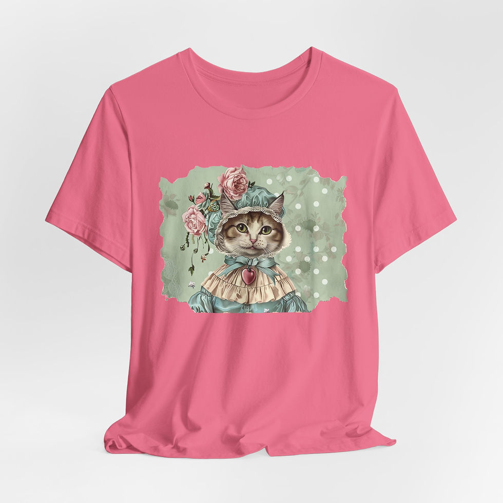 Thumbnail: Victorian Cat Art T-Shirt Shabby Mint & Pink Hat Roses Artistic Cat Lover Gift