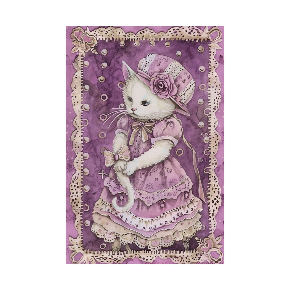Cat Art Print - Cat in Bonnet Shabby Victorian Cat Lover Gift Purple Wall Decor