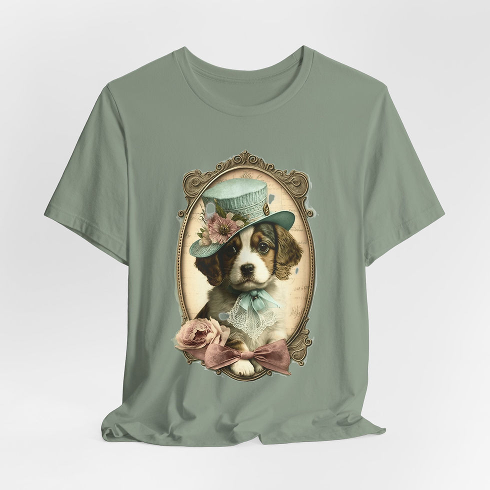 Thumbnail: Victorian Dog T-Shirt Shabby Dog in Hat Pink Roses Artistic Gift Dog Lover Tee