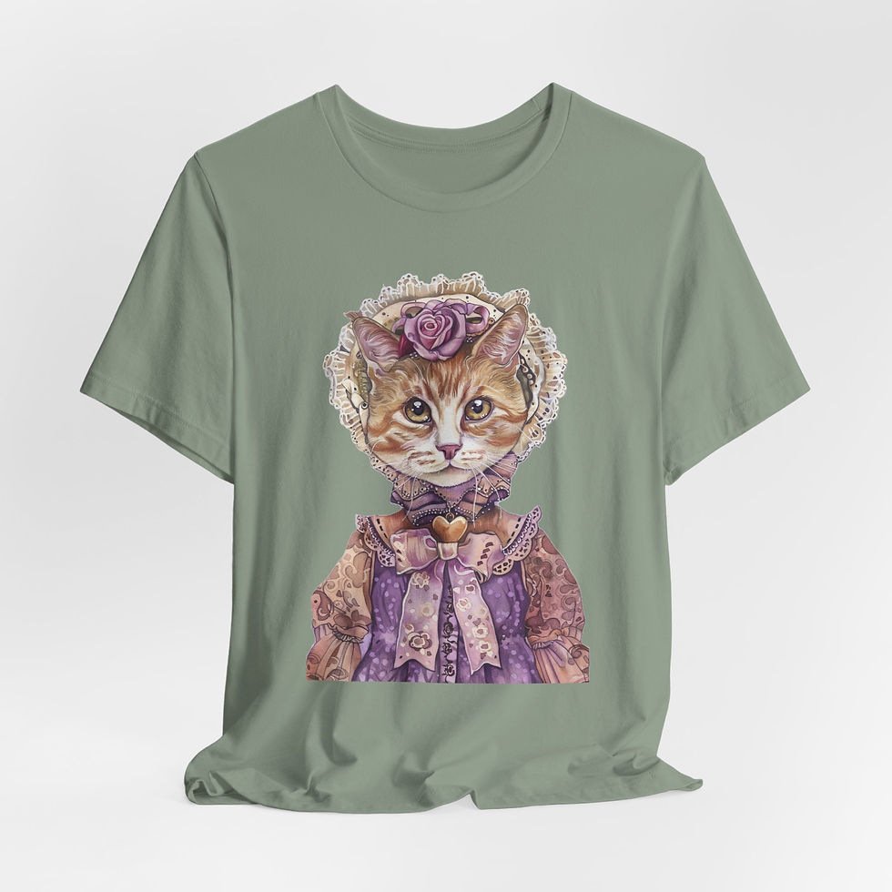 Thumbnail: Victorian Cat Art T-Shirt Shabby Roses Bonnet Hat Purple Artistic Cat Lover Gift