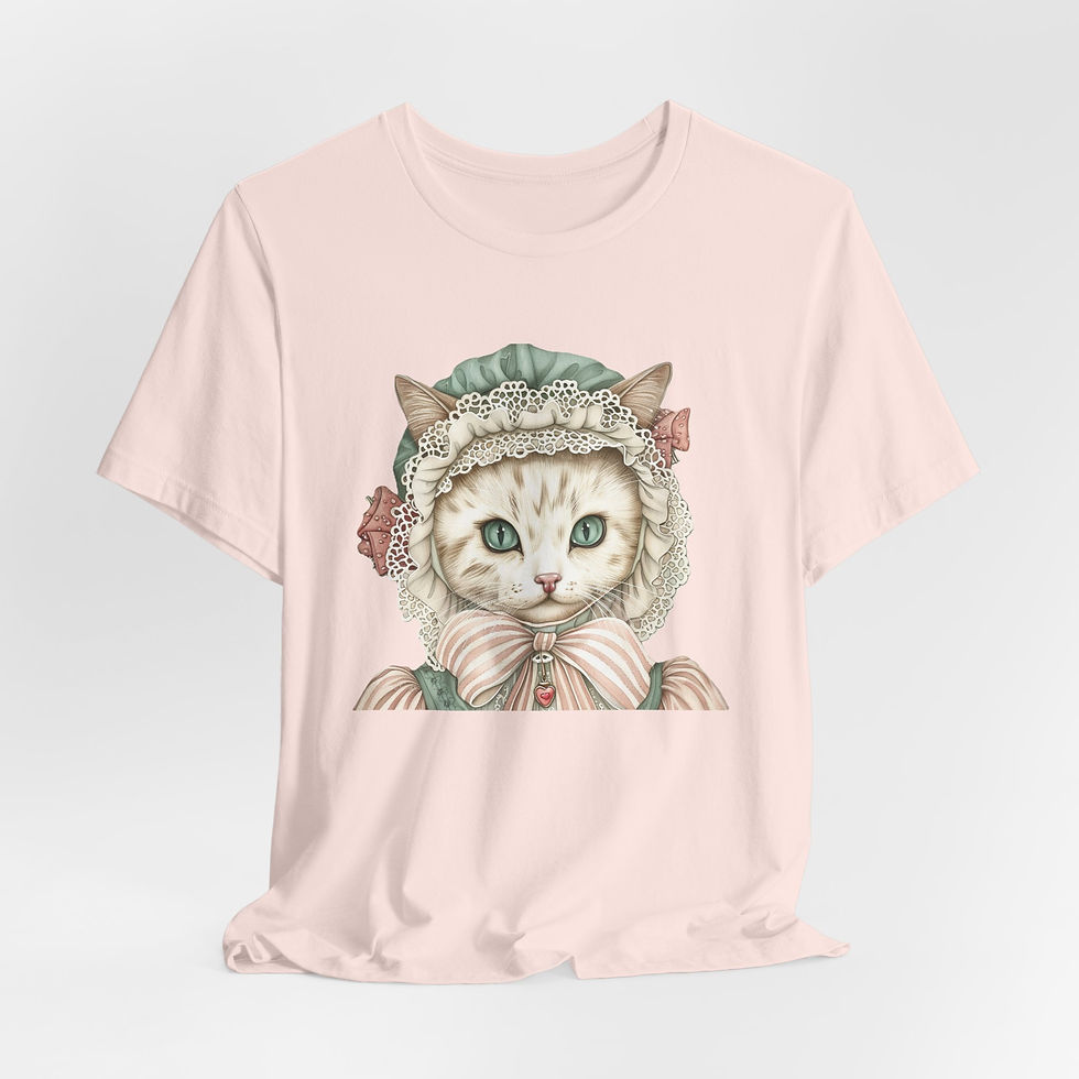 Thumbnail: Victorian Cat Art T-Shirt Shabby Mint & Pink Rose Hat Artistic Cat Lover Gift
