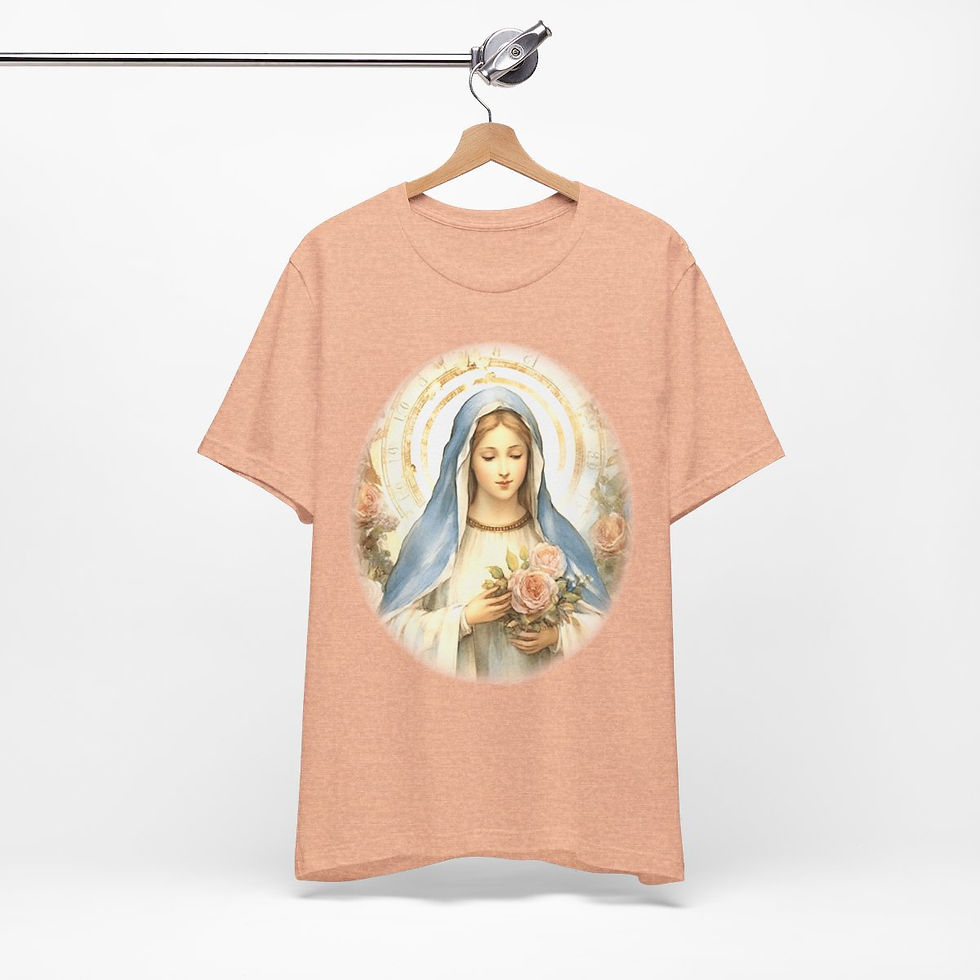Thumbnail: Virgin Mary T-Shirt Pink Rose Shabby Chic Ave Maria Art Tee Catholic Faith Gift