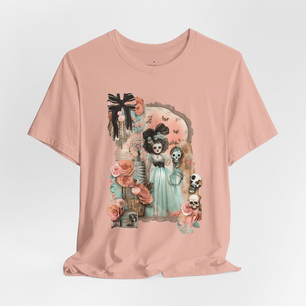 Thumbnail: Halloween T-Shirt Shabby Girl Zombie Skulls Pink Roses Art Tee Trendy Apparel