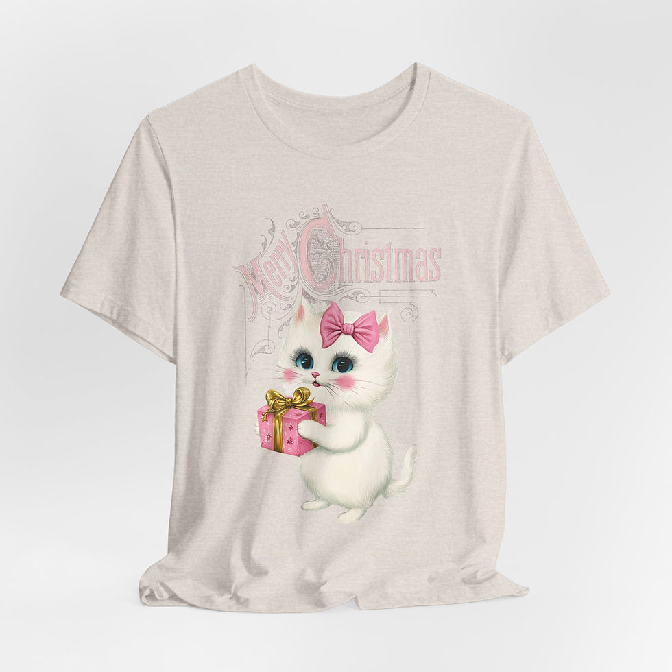 Thumbnail: Christmas Kitten T-Shirt Shabby Pink and White Cat Artistic Gift Cat Lover Tee