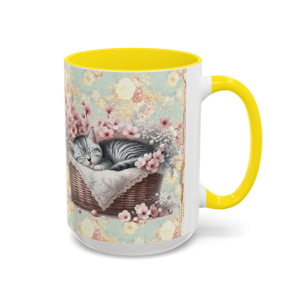 Thumbnail: Shabby Cat Lover Coffee Mug Sleeping Kitten Pink Flowers Chic Artistic Gift 