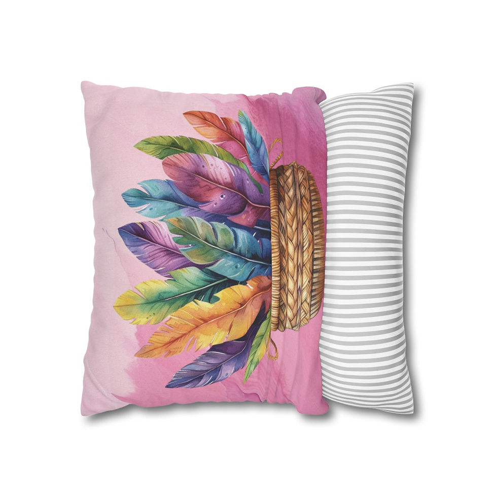 Thumbnail: Boho Chic Throw Pillow Cover Colorful Basket Feathers Art Pink Statement Decor