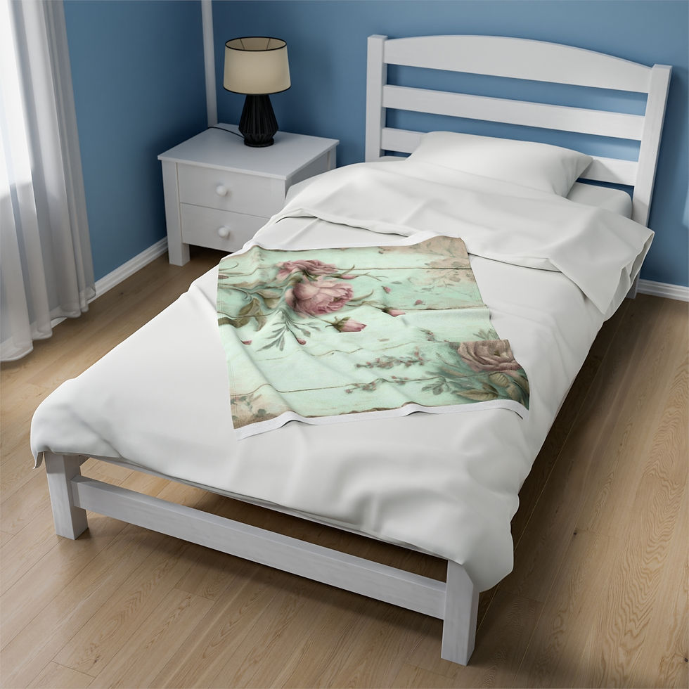 Thumbnail: Shabby Chic Decor Velveteen Blanket Vintage French Cottage Pink Roses on Green