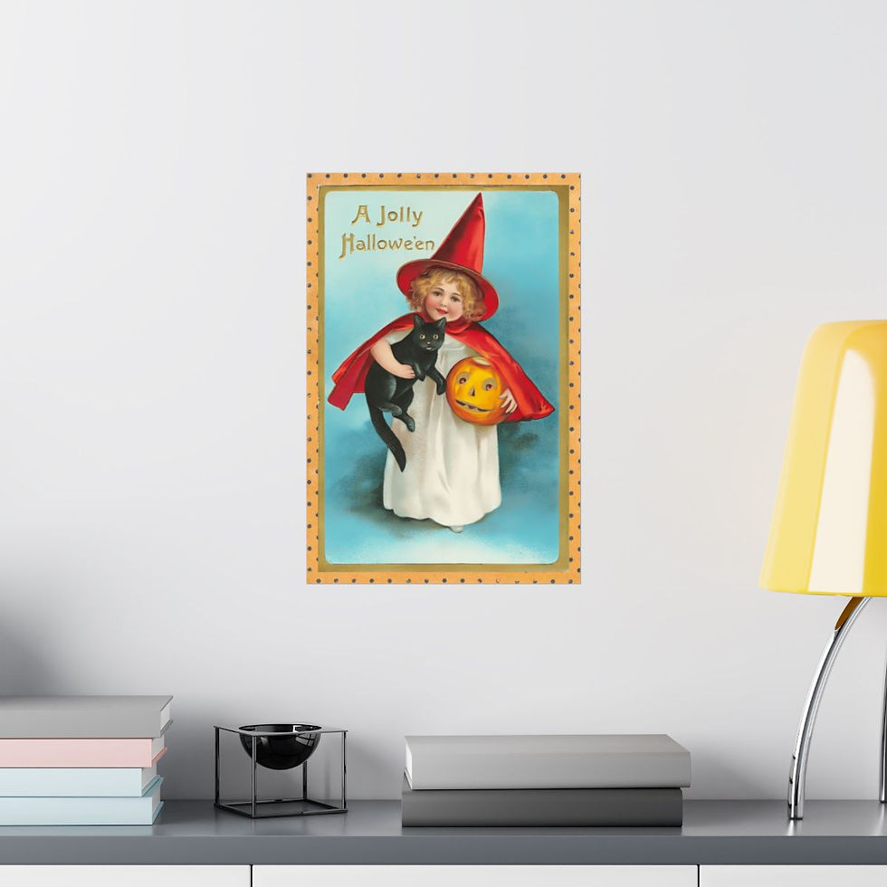 Thumbnail: Vintage Halloween Art Print Cute Witch Black Cat Halloween Decor Antique Art