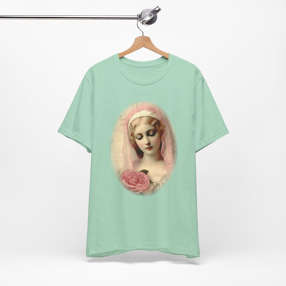 Thumbnail: Virgin Mary T-Shirt Shabby French Madonna Pink Rose Art Tee Catholic Faith Gifts
