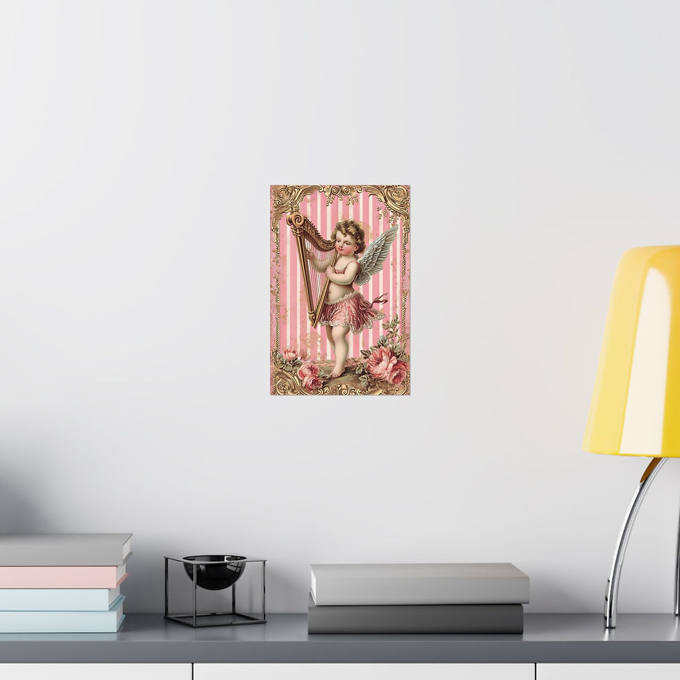 Thumbnail: Shabby Art Print Vintage Cherub w/ Harp Pink Roses Music Artwork Romantic Decor