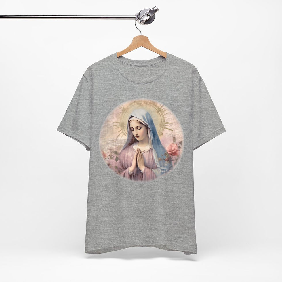 Thumbnail: Praying Virgin Mary T-Shirt Pink Rose Shabby Art Tee Catholic Faith Gifts