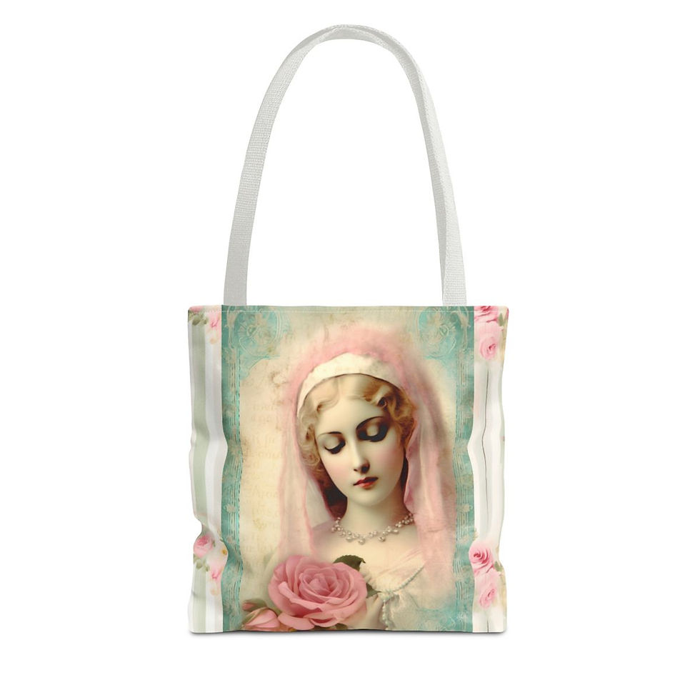 Thumbnail: Shabby Virgin Mary Tote Bag Mother Mary Praying Pink Roses Serene Catholic Gift