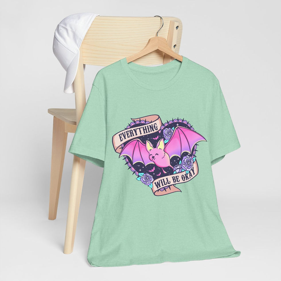 Thumbnail: Fun T-Shirt Everything Will Be Okay Pink Bat Art Tee Retro Apparel Artistic Gift