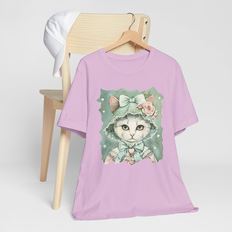 Thumbnail: Victorian Cat Art T-Shirt Shabby Mint & Pink Hat Roses Artistic Cat Lover Gift