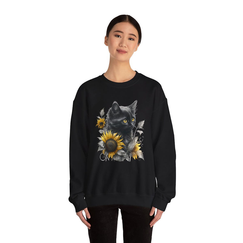 Sunflower BOHO Kitten Sweatshirt Wearable Art Black Cat Lover Gift Fall Apparel
